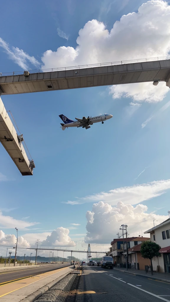 Em primeiro plano, a bus is traveling along the road, in the intermediate plane, a train is traveling along the tracks, a small ship is sailing in the background, and a plane is flying right above him in the sky
