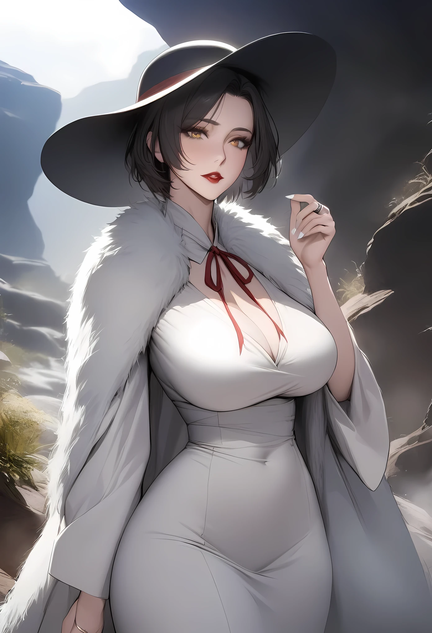 masterpiece, best quality, very aesthetic, absurdres, 1girl, _lady,,alcina_dimitrescu(resident evil), 1girl, black hair, short hair, yellow_eyes, red_lips,,black_hat,sun hat,,white_nails, fur_cloak, grey_cloak, robe, white_robe, wide_sleeves, neck_ribbon, ribbon, jewelry, ring,in the canyon,fog,dark,,blur background,background defocus,