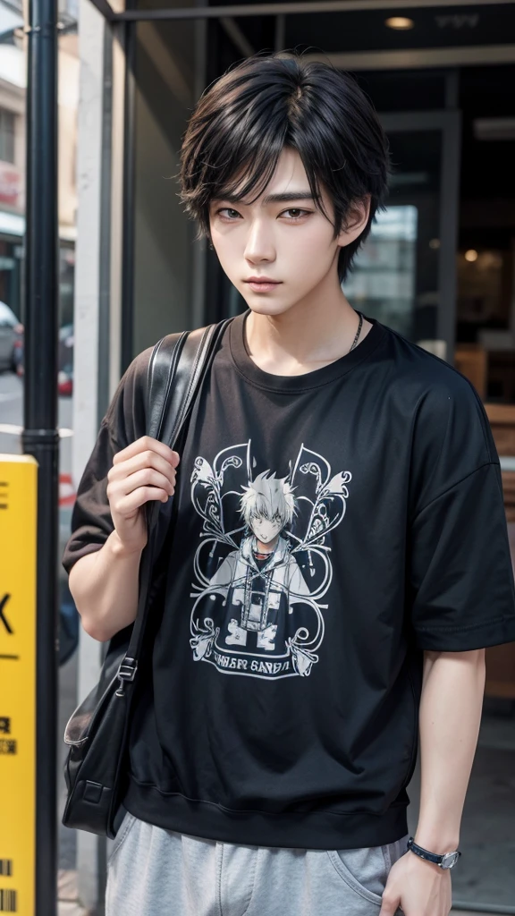 Draw an anime style man wearing casual clothes 