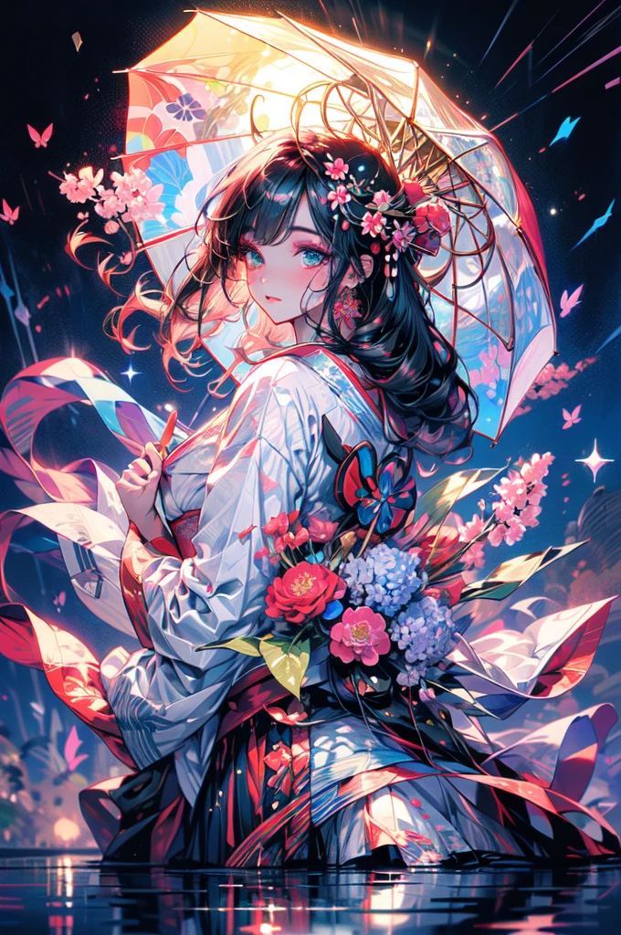 (Highest quality, High resolution, Super detailed, Realistic), anime, Dark-skinned geisha, Green Eyes, umbrella, fan, Traditional Japanese Clothing, Delicate makeup, Complicated hairstyle, Mysterious atmosphere, Glowing lantern, Cherry blossom background, dim garden, Quiet Pond, water flowing, Heavenly Beauty