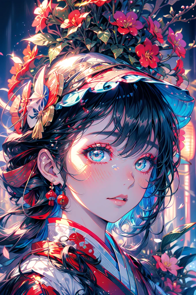 (Highest quality, High resolution, Super detailed, Realistic), anime, Dark-skinned geisha, Green Eyes, umbrella, fan, Traditional Japanese Clothing, Delicate makeup, Complicated hairstyle, Mysterious atmosphere, Glowing lantern, Cherry blossom background, dim garden, Quiet Pond, water flowing, Heavenly Beauty