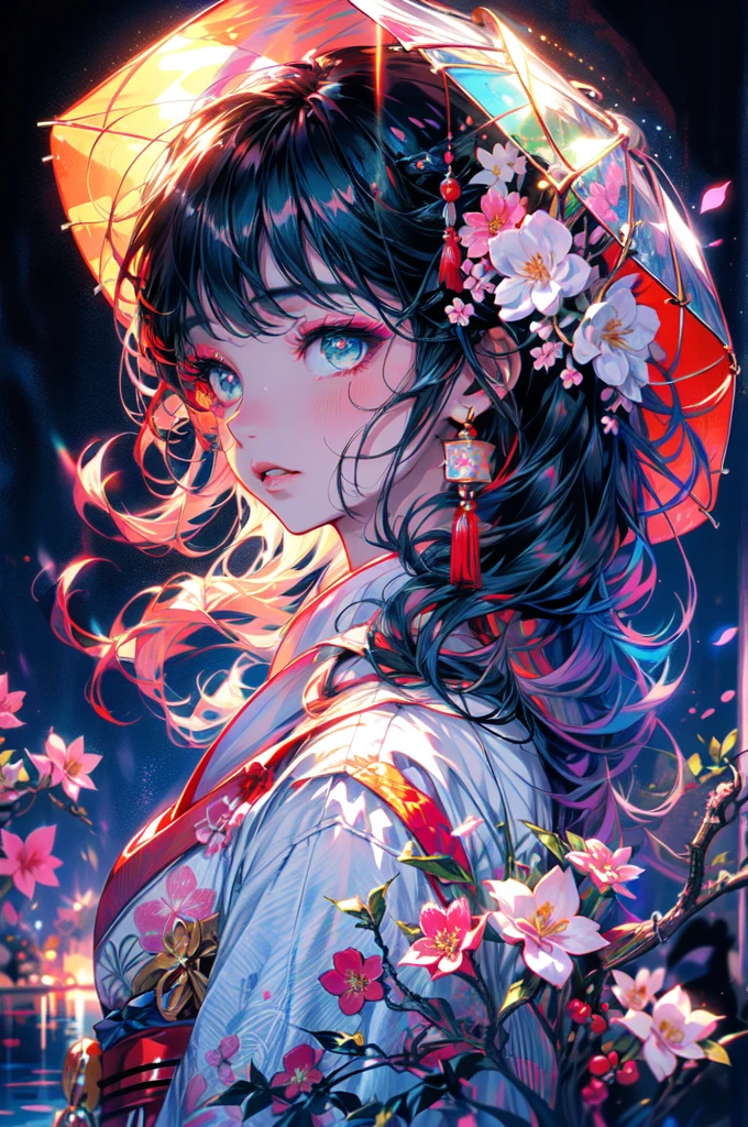 (Highest quality, High resolution, Super detailed, Realistic), anime, Dark-skinned geisha, Green Eyes, umbrella, fan, Traditional Japanese Clothing, Delicate makeup, Complicated hairstyle, Mysterious atmosphere, Glowing lantern, Cherry blossom background, dim garden, Quiet Pond, water flowing, Heavenly Beauty