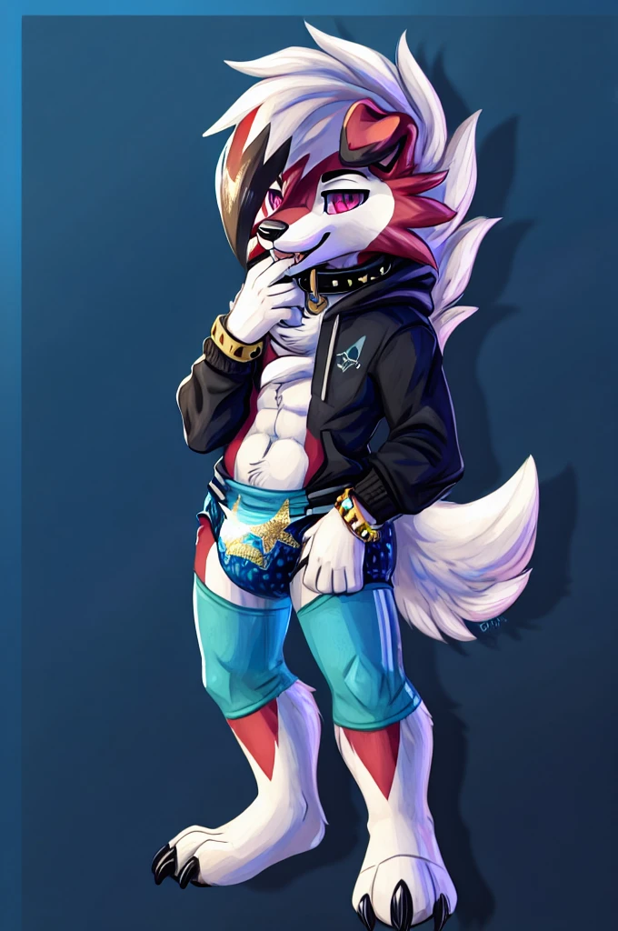 A dark purple Midnight femboy lycanroc wearing a black sweatshirt and a blue diaper and white socks with black stripes and a gold dog collar around his neck and with bracelets on his arms