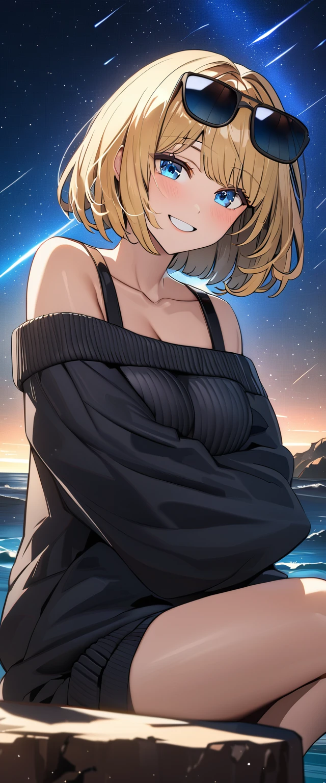 ((grin)), ((off-shoulder sweater:1.3, Quite thick shoulder straps)), ((black sweater)), ((blond hair, bob cut:1.3)), ((sunglasses, hand to sunglasses)), (((from side))), ((((upper body)))), ((Leaning to side)), (((A meteor shower dancing in the night sky, countless stars twinkling in the clear air))), ((sitting on the very high cliff)), wavy hair, inward curled hair, ((sea)), breasts, teenager, (looking at viewer), oversized clothes, puffy long sleeves, collarbone, head tilt:1.3, (((blue eyes))), happy smile, (((anime style))), (best quality, 4K, 8K, highres, masterpiece:1.2, ultra-detailed, ultra-detailed eyes, HDR, uhd, studio lighting, ultra-fine painting, sharp focus, physically-based rendering, extreme detail description, professional, vivid colors, bokeh)