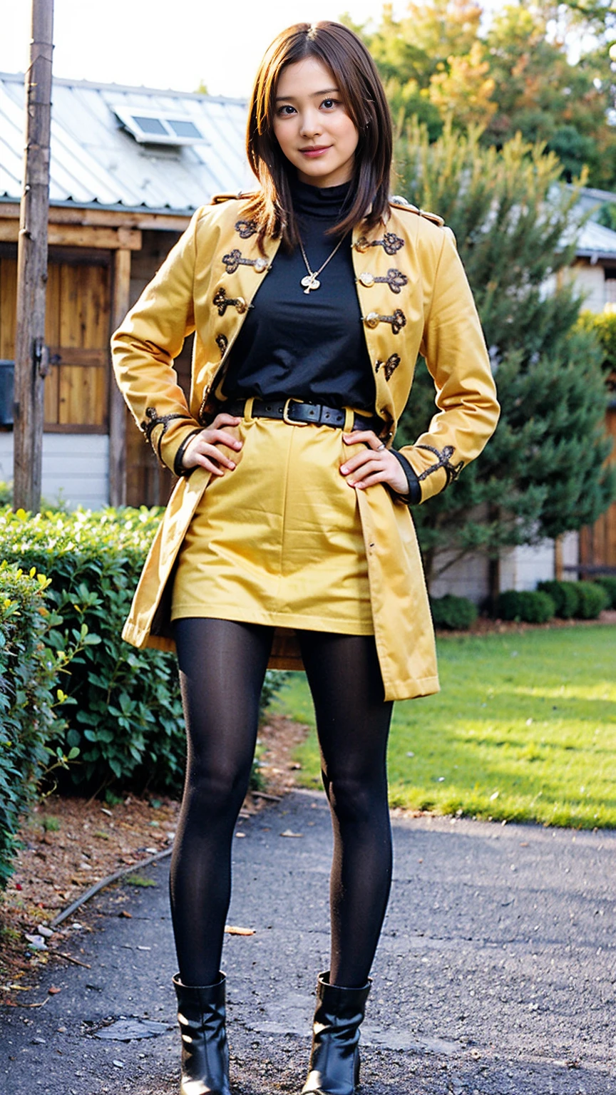 (8K、RAW Photos、Highest quality、masterpiece:1.2)、(Realistic、Realistic)、1 Girl、((Yellow long coat、Black mini skirt、pirate、tights、smile、Thin legs、whole body、boots、one piece、garden、View from the front、Looking into the camera、belt、Stand with hands on hips))、cute