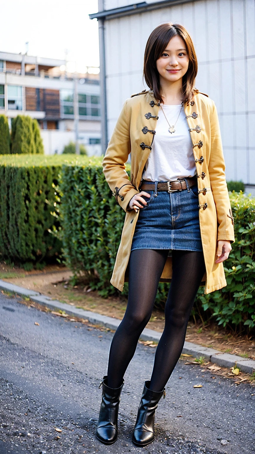 (8K、RAW Photos、Highest quality、masterpiece:1.2)、(Realistic、Realistic)、1 Girl、((Yellow long coat、Black mini skirt、pirate、tights、smile、Thin legs、whole body、boots、one piece、garden、View from the front、Looking into the camera、belt、Stand with hands on hips))、cute