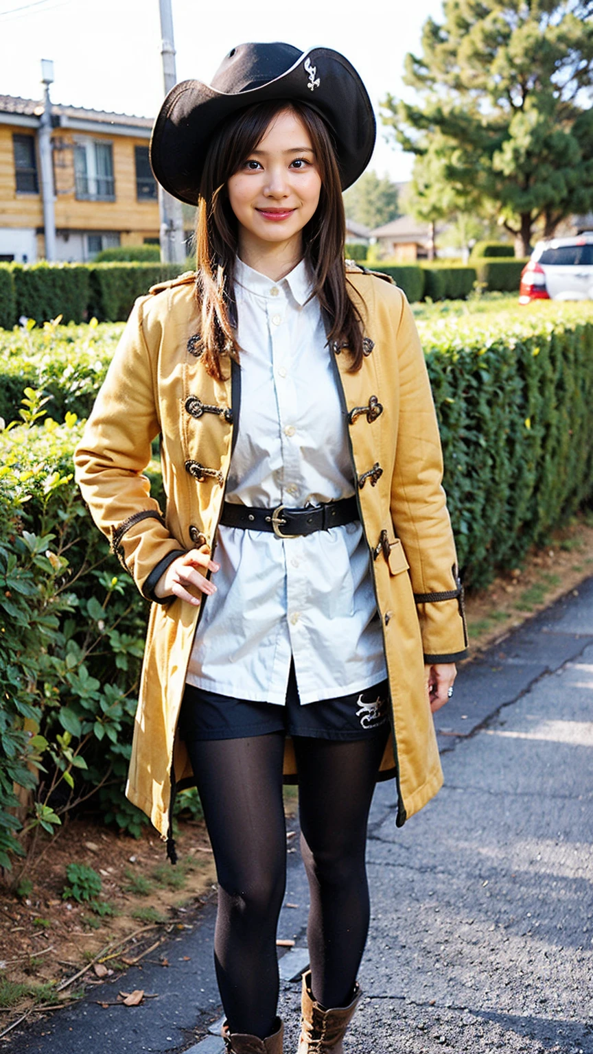 (8K、RAW Photos、Highest quality、masterpiece:1.2)、(Realistic、Realistic)、1 Girl、((Yellow long coat、Black mini skirt、pirate、tights、smile、Thin legs、whole body、boots、one piece、garden、View from the front、Looking into the camera、belt、Stand with hands on hips))、cute