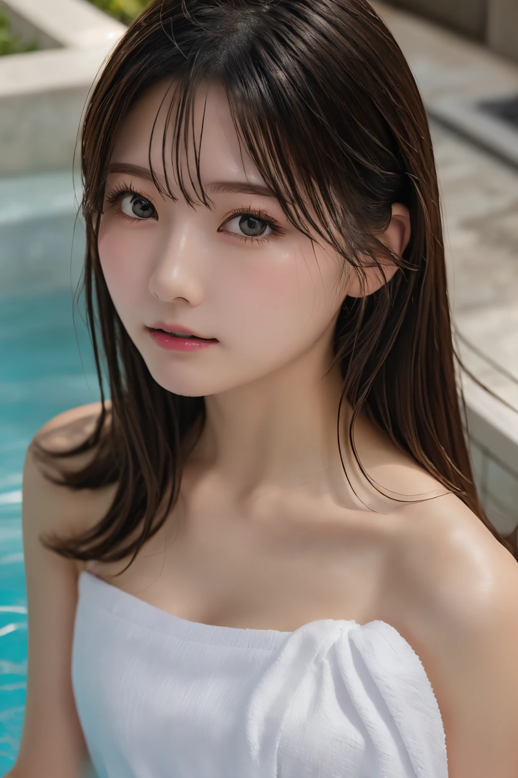Highest quality, (beautiful)、Soak in a large open-air bath、Cover yourself with a bath towel、Shoot from above、Soft 、night、Bare shoulders、Outdoor、steam、Upper Body、Close-up