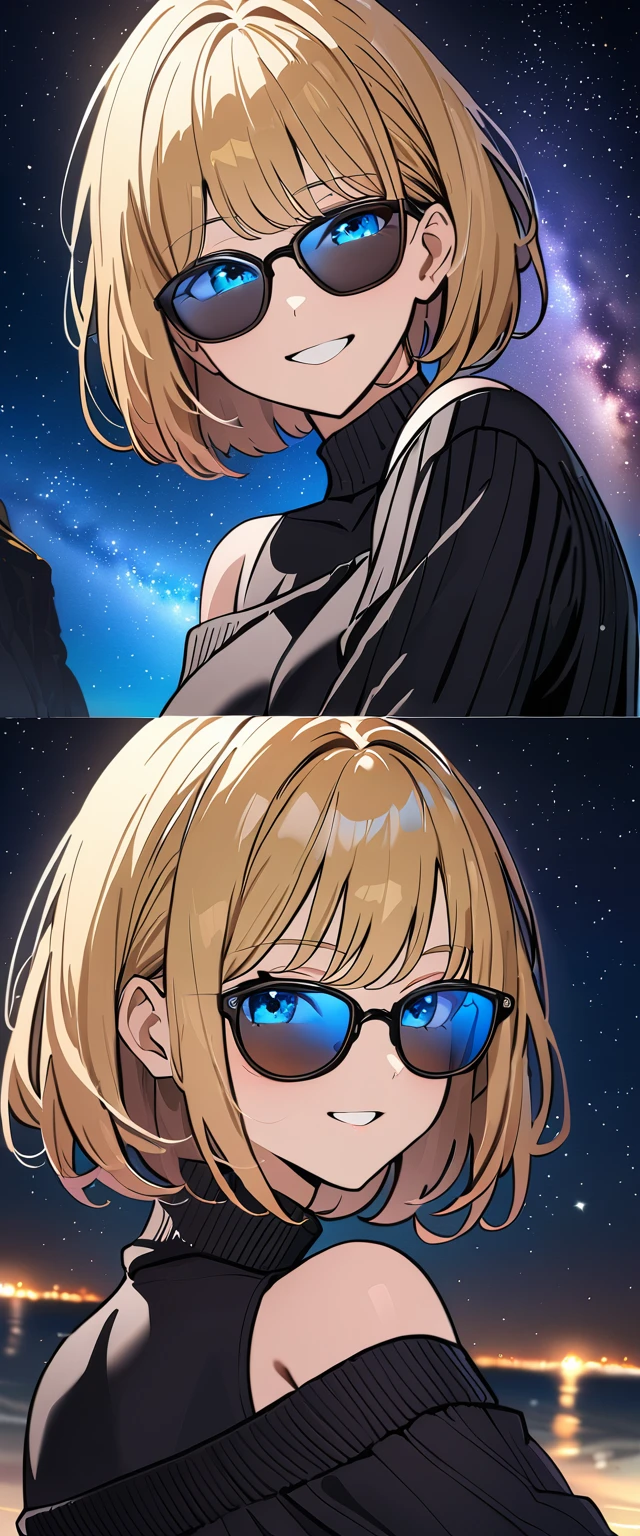 ((grin)), ((off-shoulder sweater:1.3, Quite thick shoulder straps)), ((black sweater)), ((blond hair, bob cut:1.3)), ((sunglasses, hand to sunglasses)), (((from side))), ((((upper body)))), ((Leaning to side)), (((a beautiful starry sky, the Milky Way shining beautifully in the night))), ((sitting on the very high cliff)), wavy hair, inward curled hair, ((sea)), breasts, teenager, (looking at viewer), oversized clothes, puffy long sleeves, collarbone, head tilt:1.3, (((blue eyes))), happy smile, (((anime style))), (best quality, 4K, 8K, highres, masterpiece:1.2, ultra-detailed, ultra-detailed eyes, HDR, uhd, studio lighting, ultra-fine painting, sharp focus, physically-based rendering, extreme detail description, professional, vivid colors, bokeh)