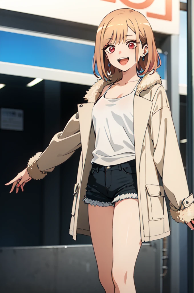 of the highest quality, (Masterpiece:1.2), be familiar with,
Kitagawa Marine SB,
1 girl, alone, open the mouth, SMILE, teeth,
wide, by rubio, Red eyes, colorful hair, earrings,
They are standing, looking at the viewer,City、White tank top、cowboy shorts、(Short shearling coat) white converse