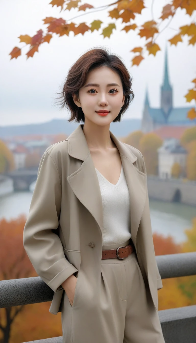 k Best picture quality, Beautiful 36-year-old Korean woman, You have good skin and big and pretty eyes... Chest size 34 inches, Traveling in Europe in the fall season, The autumn leaves are just starting to turn soft.. The cathedral can be seen in the distance in thick fog., The back background is realistic and vivid quality., Short and medium hair blowing in the wind. I wore a high-end luxury windbreaker over my neck polar.. Wearing beige casual pants, I'm smiling. Short and slim Korean woman, Full body photo taken with Canon Mark 5 camera 16-35 wide angle lens, One woman with big and pretty eyes, eyes are round and big. standing on a hill overlooking the river