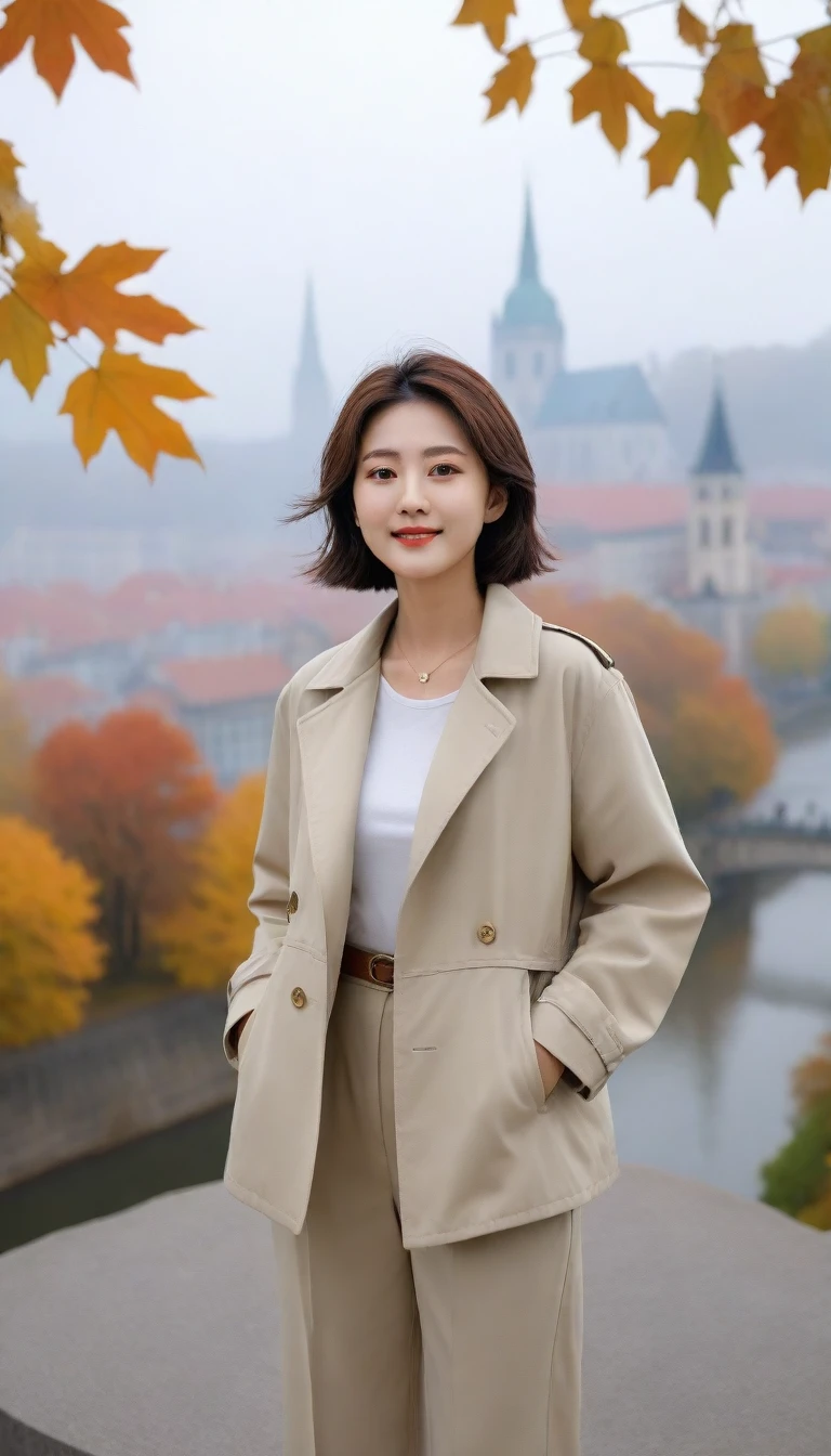 k Best picture quality, Beautiful 36-year-old Korean woman, You have good skin and big and pretty eyes... Chest size 34 inches, Traveling in Europe in the fall season, The autumn leaves are just starting to turn soft.. The cathedral can be seen in the distance in thick fog., The back background is realistic and vivid quality., Short and medium hair blowing in the wind. I wore a high-end luxury windbreaker over my neck polar.. Wearing beige casual pants, I'm smiling. Short and slim Korean woman, Full body photo taken with Canon Mark 5 camera 16-35 wide angle lens, One woman with big and pretty eyes, eyes are round and big. standing on a hill overlooking the river