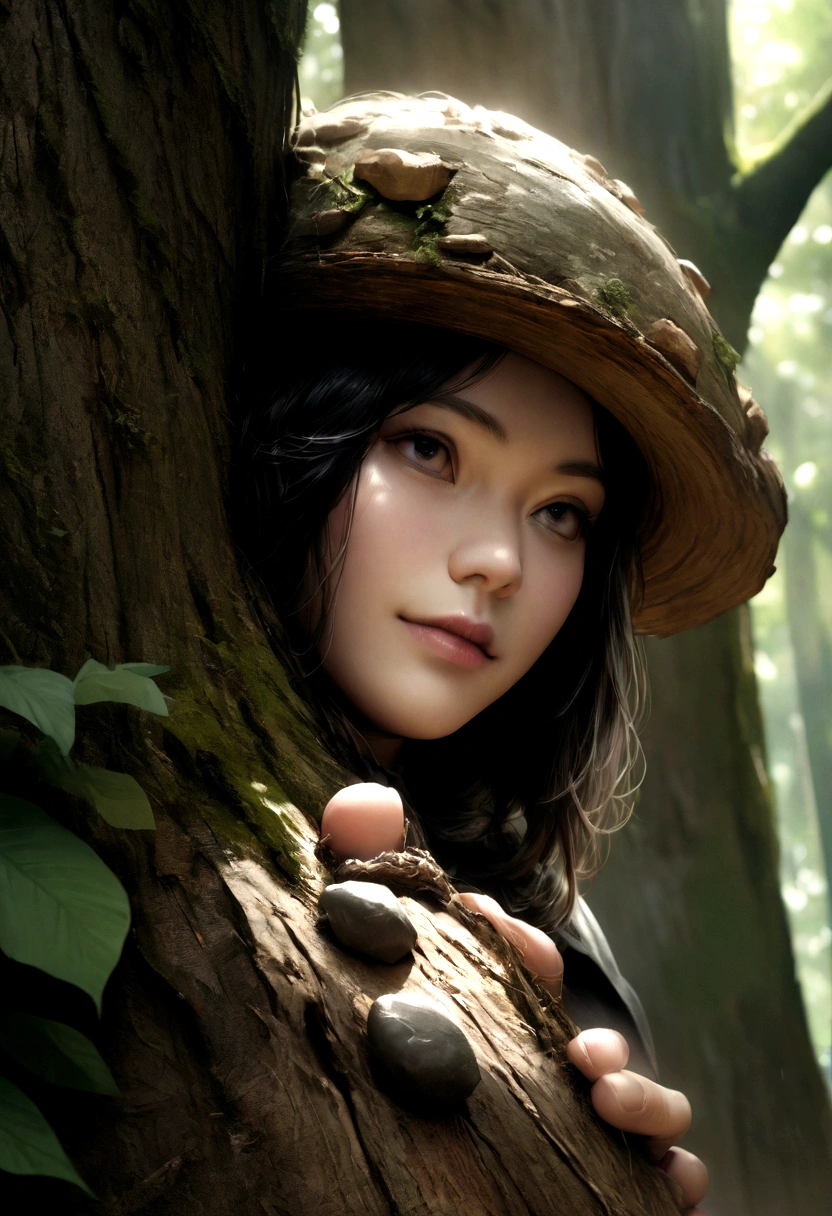 ((Highest quality)), ((masterpiece)), (detailed), Realistic、forest、Black、Rough Stone、At the foot of the tree、live-action