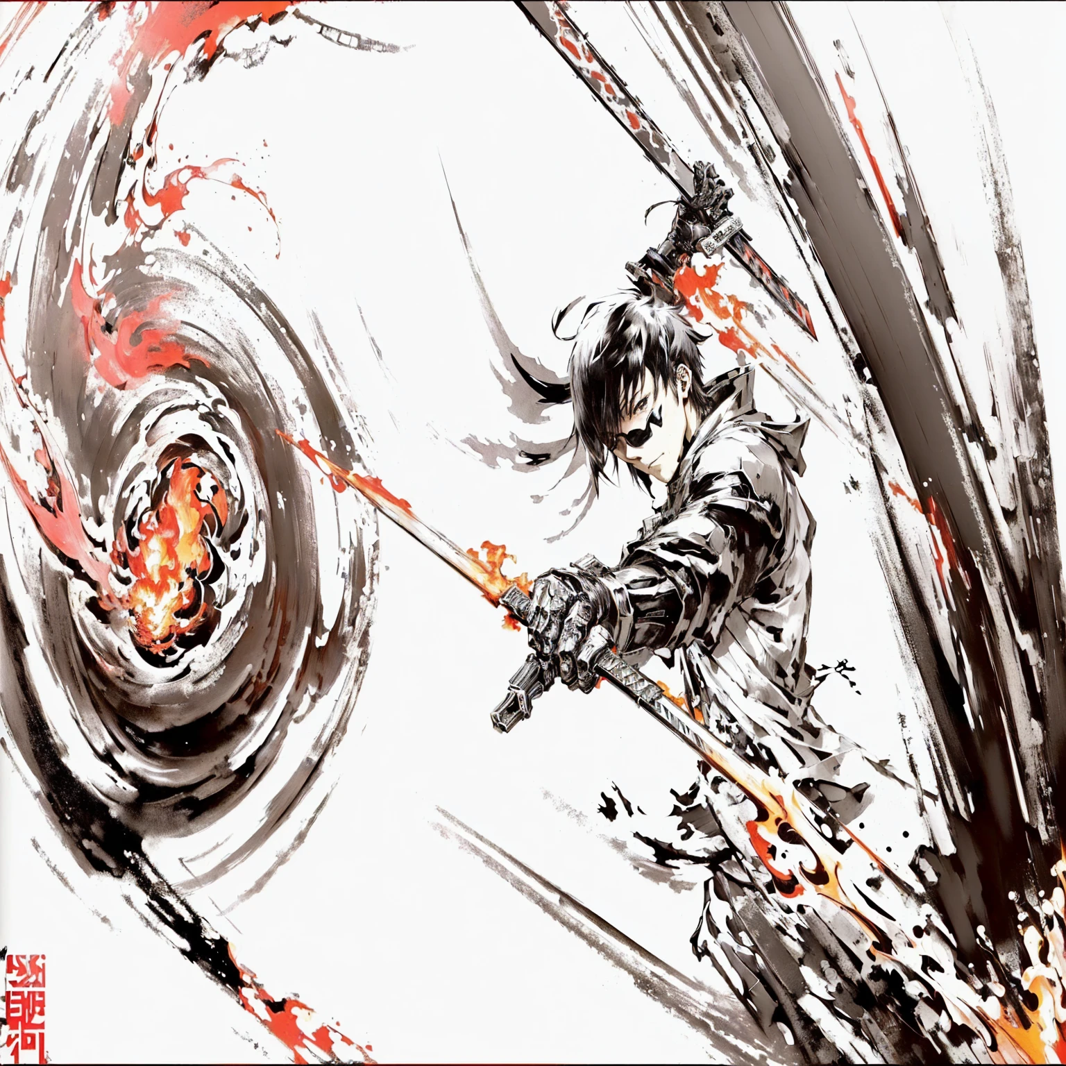 A painting of a man riding a motorcycle on fire, shirow Authentic, Tsutomu Nihei Art, Spectacular artwork of anime, Tsutomu Nihei style, Authentic, From Kenshin, With a big sword, Swordsman, Amazing anime 8k, HD Anime Wallpaper, 4K Manga Wallpapers, shigenori soejima illustration