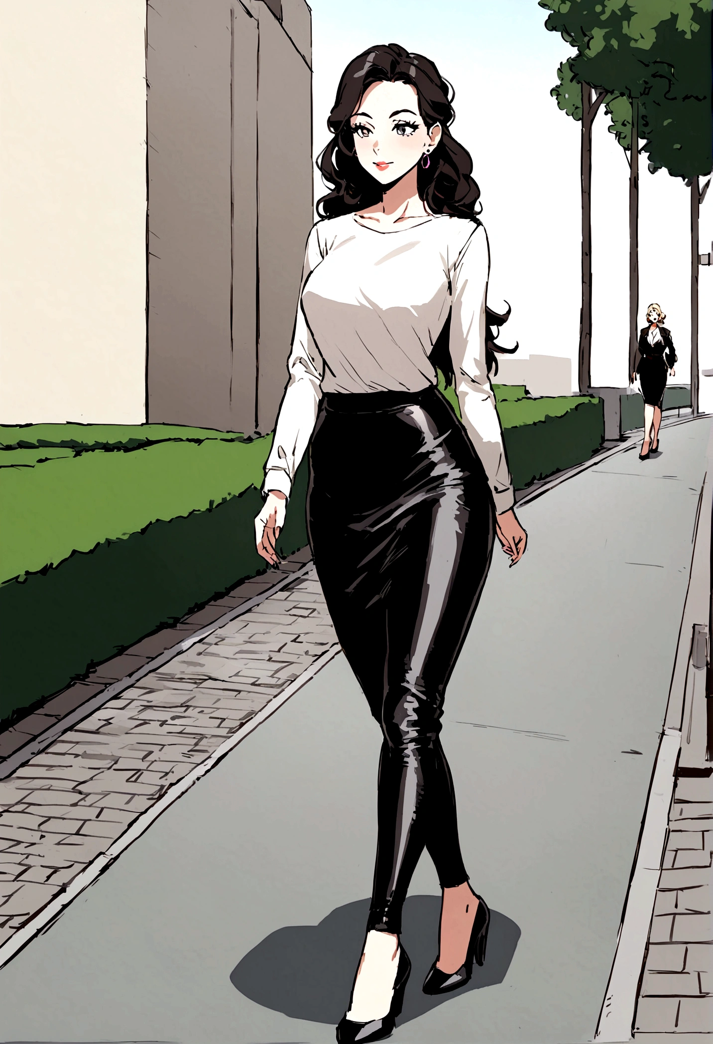 Mature woman, 60 years old, boss, hourglass shaped body, wearing skirt and tight white blouse, walking on a path, wearing simple tight clothing, walking to work, stunning woman, leather clothing and high heels, A portrait nordic woman full length, non nude clothed portrait, Ilana Trump, on the city street, in a city park, full body women, leather clothing, wearing tight black clothing