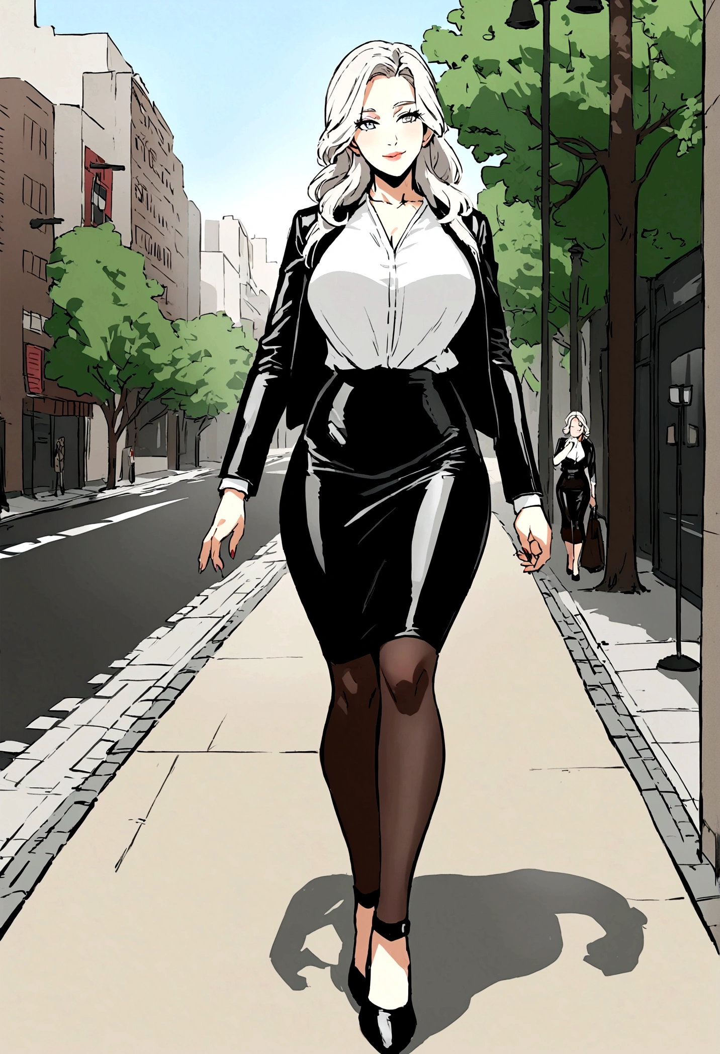 Mature woman, 60 years old, boss, hourglass shaped body, wearing skirt and tight white blouse, walking on a path, wearing simple tight clothing, walking to work, stunning woman, leather clothing and high heels, A portrait nordic woman full length, non nude clothed portrait, Ilana Trump, on the city street, in a city park, full body women, leather clothing, wearing tight black clothing