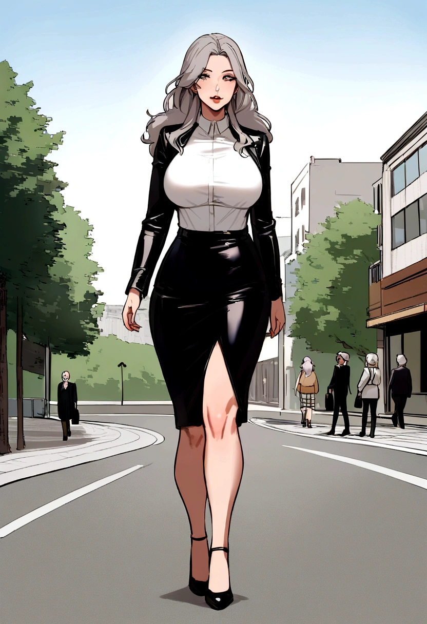 Mature woman, 60 years old, boss, hourglass shaped body, wearing skirt and tight white blouse, walking on a path, wearing simple tight clothing, walking to work, stunning woman, leather clothing and high heels, A portrait nordic woman full length, non nude clothed portrait, Ilana Trump, on the city street, in a city park, full body women, leather clothing, wearing tight black clothing