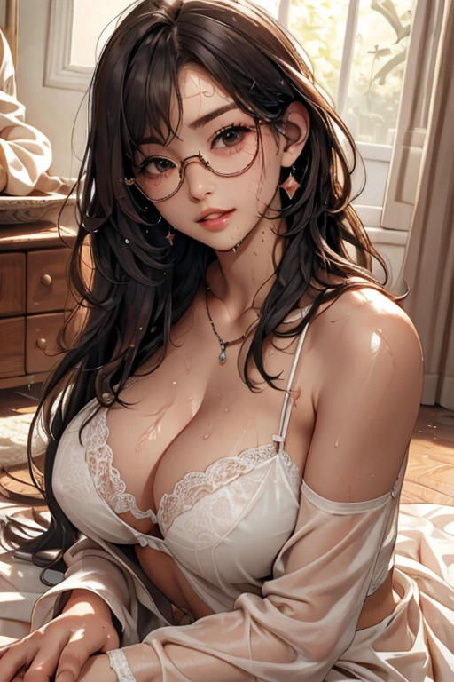 Highest quality、masterpiece、High sensitivity、High resolution、Detailed Description、Slender women、Slim Body、Glasses、lingerie、Lying on the floor、 Sweaty、Clothes get wet、Hands on cheeks、