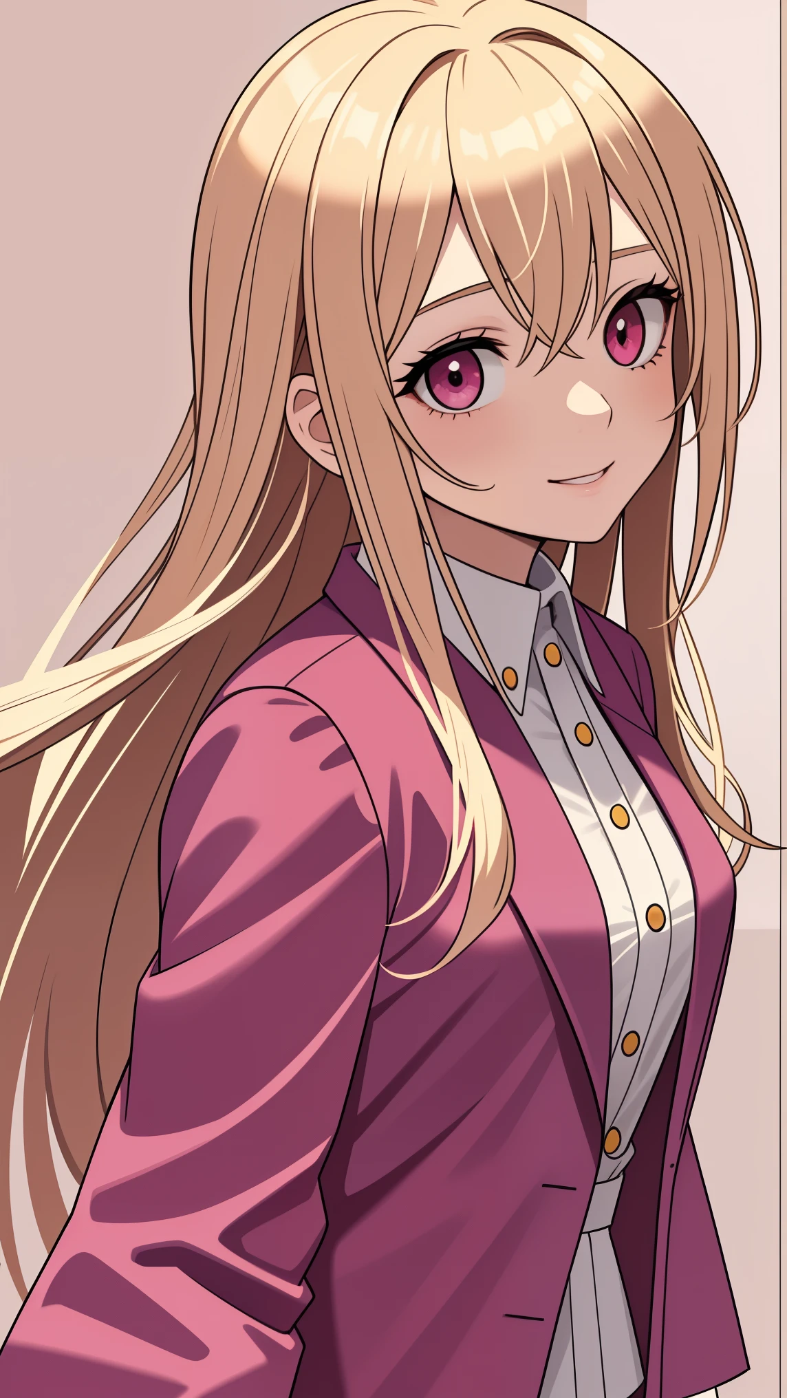 adult woman, pink eyes, long blonde hair, pink suit, smile