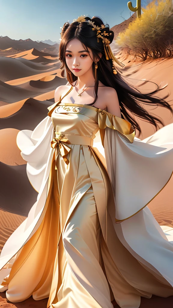 Girl in traditional Chinese clothing, Hanfu, Guzhen Hanfu women, White Hanfu,(long straight black hair:1.5), black eyes, black bun hairstyle, hair accessories ,gold long earrings, , Dia Necklace, Clear eyes, Facing forward,put on makeup, Long eyelashes ,(black long shoulder coat:1.8), (Very long skirt, black:1.5), ((Whole body covering)), Clear face, hair accessoriesจำนวนมาก , (Very beautiful face, Beautiful mouth, beautiful eyes), detailed face, ((Ultra-fine skin)), In the dark, deep shadows, an ancient Chinese girl (Very slim figure 1.3) ,Plump breasts, elegant posture , There is a red flower spot on the forehead. , pointing at the camera, (desert storm:1.5),