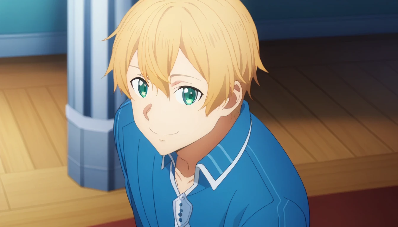 score_9,  eugeo, 1boy, bangs, deepblue hoodie, blue overcoat, blonde hair, blue eyes, smile, eugeo, green eyes, long sleeves, looking at viewer, male focus, blue pants, solo