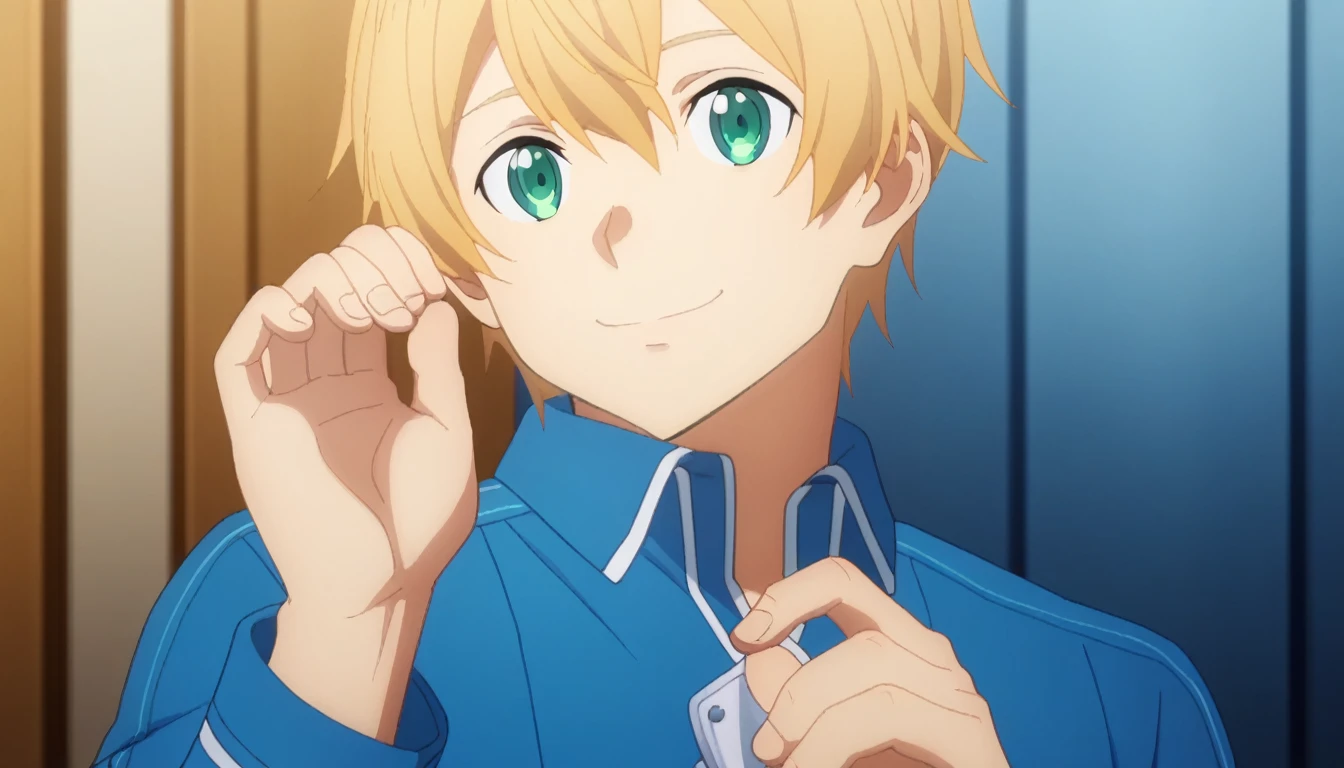 score_9,  eugeo, 1boy, bangs, deepblue hoodie, blue overcoat, blonde hair, blue eyes, smile, eugeo, green eyes, long sleeves, looking at viewer, male focus, blue pants, solo