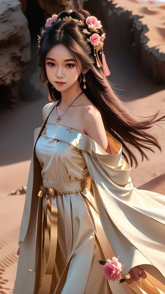 Girl in traditional Chinese clothing, Hanfu, Guzhen Hanfu women, White Hanfu,(long straight black hair:1.5), black eyes, black bun hairstyle, hair accessories ,gold long earrings, , Dia Necklace, Clear eyes, Facing forward,put on makeup, Long eyelashes ,(black long shoulder coat:1.8), (Very long skirt, black:1.5), ((Whole body covering)), Clear face, hair accessoriesจำนวนมาก , (Very beautiful face, Beautiful mouth, beautiful eyes), detailed face, ((Ultra-fine skin)), In the dark, deep shadows, an ancient Chinese girl (Very slim figure 1.3) ,Plump breasts, elegant posture , There is a red flower spot on the forehead. , pointing at the camera, (desert storm:1.5),