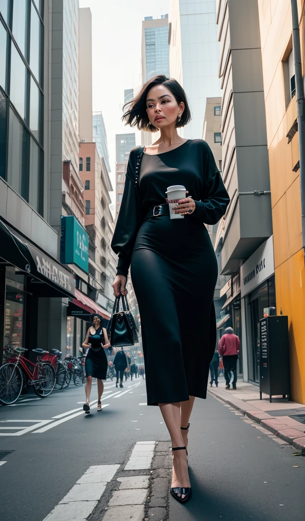 A stylish woman in her early 50s, with short, chic hair, wearing a fashionable outfit and walking confidently down a bustling city street, surrounded by modern architecture.
