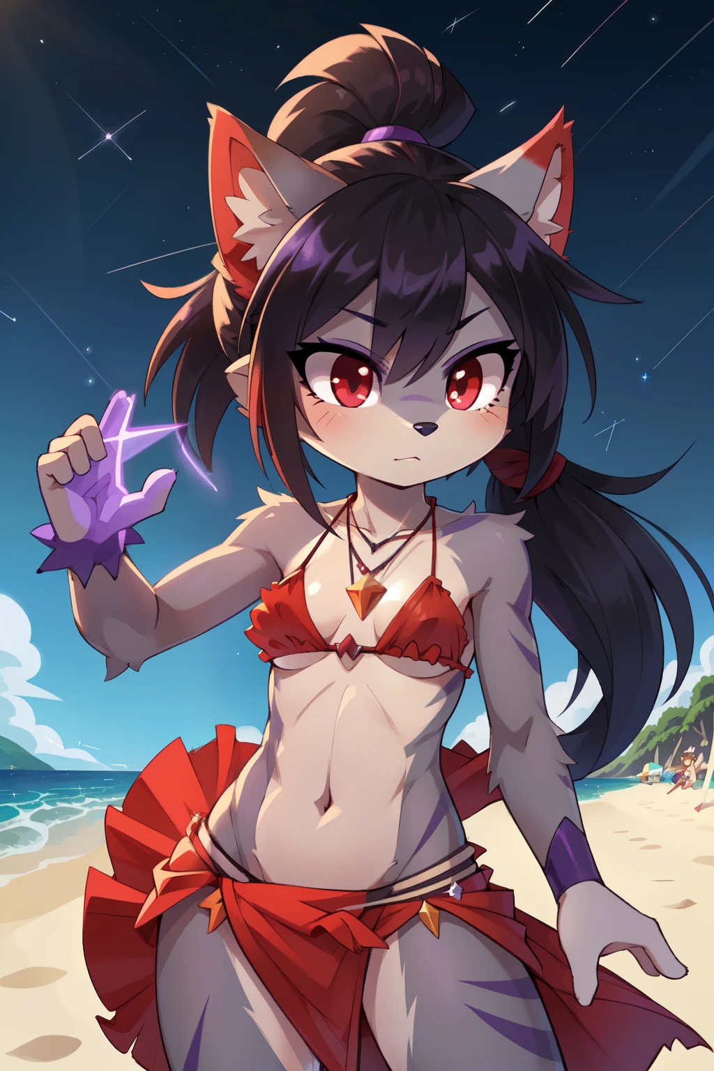 score_9,score_8_up,score_7_up, source_cartoon, source_furry, furry girl, wolf, black hair, punk hairstyle, long spiky ponytail, large ponytail, anime style, small breasts, red eyes, makeup, eyeshadows, ((deep red bikini ruffled triangle, high cut bottom, star necklace, beach sarong with shooting stars on hips)), high quality, detailed body, detailed eyes, detailed face, masterpiece, glistening body, detailed body fur, best quality, two tone body, gray fur, clear gray fur, perfect lighting, perfect shadows, perfect eyes, perfect hair, perfect face, gorgeous body, skinny, solo, :3, cute, uperbody, beach, clear sky, fight, dynamic action shot, speed lines, motion blur, fighter pose, ((shooting a purple magic spell act, magic purple spell, open hand focus, magic purple on hand palm)), detailed hand, ((float, on air)), glowing red eyes,