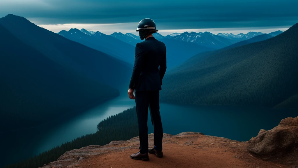 A Luxury Sales Suit man wearing a black rider full-face helmet overlooking wilderness,full body,standard rider black full face helmet,back view of the man, background is a wilderness,a man overlooking wilderness,a man overlooking wilderness,a man overlooking wilderness,a man overlooking wilderness,a man overlooking wilderness,full body,full body,full body,full body,with black rider full-face helmet,with black rider full-face helmet,with black rider full-face helmet,wearing black rider full-face helmet,wearing black full-face helmet,wearing black full-face helmet,overlooking wilderness,overlooking wilderness,Back view,Back view,Back view,Back view,Draw people small,Draw people small,Spectacular views,Spectacular views,Spectacular views,lonely man,lonely man,a black full-face helmet,a black full-face,A Luxury Sales Suit man,with Luxury Sales Suit