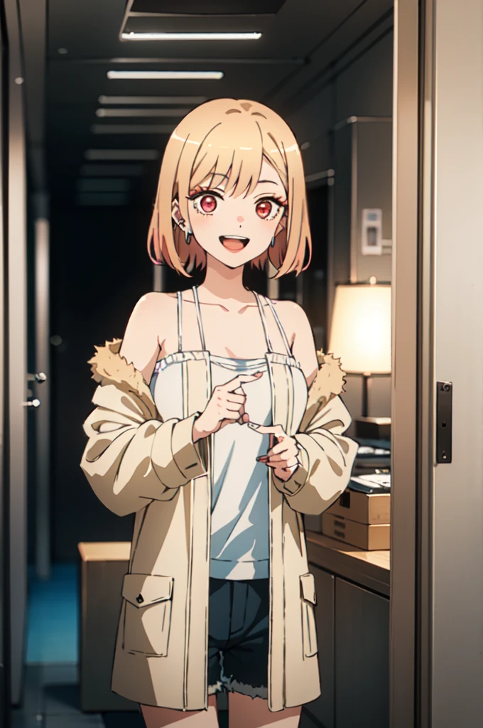 of the highest quality, (Masterpiece:1.2), be familiar with,
Kitagawa Marine SB,
1 girl, alone, open the mouth, SMILE, teeth,
wide, by rubio, Red eyes, colorful hair, earrings,
They are standing, looking at the viewer,City、White tank top、cowboy shorts、(Short shearling coat) white converse
