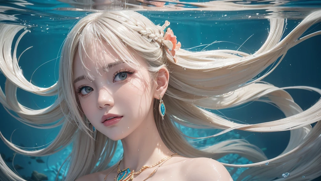 （Highest Quality Realistic Textured Skin),(terrible),(OK, round, Symmetrical eyes),Delicate facial features,(Burning bright cold eyes),(She has a mischievous smile),(Her face is kind and beautiful),Glass earrings in the ears,,(blonde),(Silvery white hair),(Chestnut Hair),(Swim at the bottom of the ocean)，(Full body portrait:1.5),(Dramatic Photos:1.4),(Dramatic Pose),(Flashy photos)(look up),(Looking down),(Around her neck is a simple necklace made with exquisite craftsmanship.),Cluttered photos，(Hair flowing in water:1.5),(Underwater, Life at sea, 美しいCoral Reef, fish),(Background vortices and currents),(Dramatic Light),(Nice views),(美しいfishに囲まれて),遠くの背景にはCoral Reefに沈んだ寺院が見える,Coral Reef,Spectacular realism,Cinematic atmosphere,(High-density image review:1.5),(Soft colors:1.2),Very detailed,Dramatic Light,(Intricate details:1.1),Complex background,
