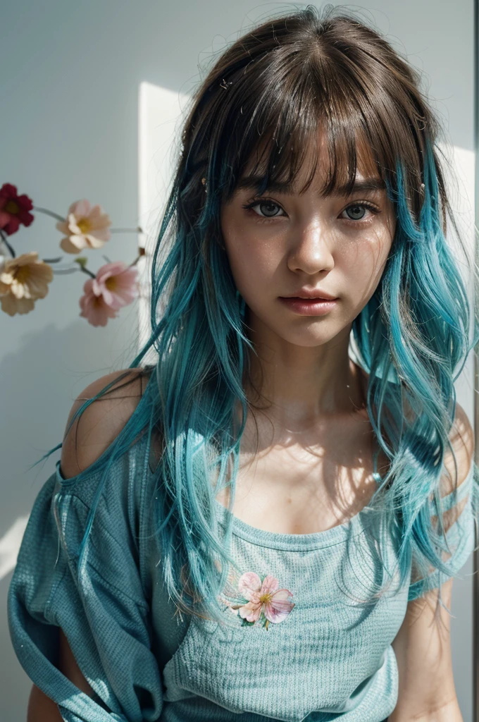 (masterpiece), (best quality), (ultra detailed),(disheveled hair),(illustration), (1girl), (Fashionable clothing), standing, Fashion model, looking at viewer, (interview), (simple background),beautiful detailed eyes, delicate beautiful face, Floating,(high saturation),(colorful splashes),colorful bubble,(shining), focus on big perfect butt, ponytail, kamisato ayaka, light blue hair, bangs, hair ring, floating flowers, floating hairs, (shining), best lighting, best shadow,