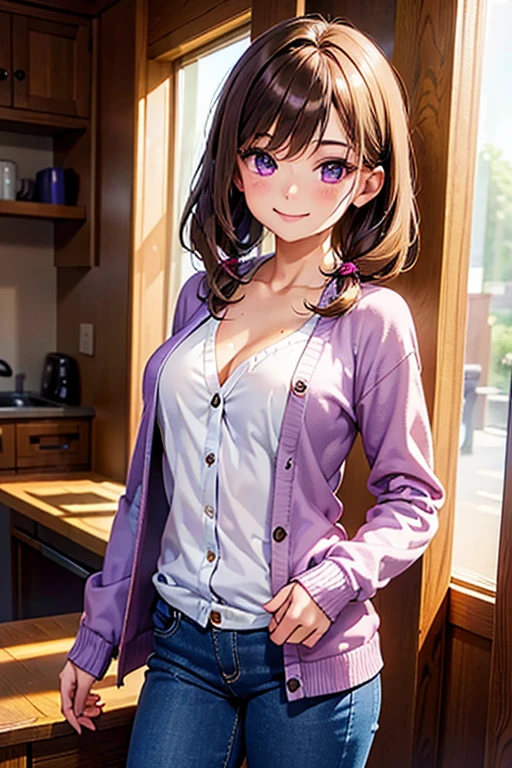 best quality, (masterpiece:1.3), absurdres, highres,16k, ultra high res, official art, illustration,extremely detailed, 1girl, solo, full body, 20yo, 
delicate lines tailed face, (medium hair:1.8), ((low:1.8) twintails), (gleaming skin:1.4), (beautiful (darkbrown) hair:1.2), (shiny hair:1.2), (beautiful violet eyes:1.2), (shiny eyes:1.2), (large breasts), (gleaming skin:1.4),

cowboy shot,
standing, smile
(cardigan on shirt), jeans
