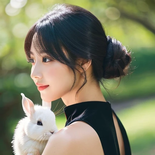 Japanese women、Black hair chignon、Delicate face、profile、Glowing Skin、Beauty、Black dress、See-through、Glamorous makeup、Red glossy lip、Holding a rabbit、Sunny outdoors