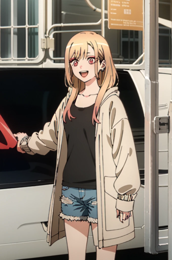 of the highest quality, (Masterpiece:1.2), be familiar with,
Kitagawa Marine SB,
1 girl, alone, open the mouth, SMILE, teeth,
wide, by rubio, Red eyes, colorful hair, earrings,
They are standing, looking at the viewer,City、White tank top、cowboy shorts、(Short shearling coat) white converse