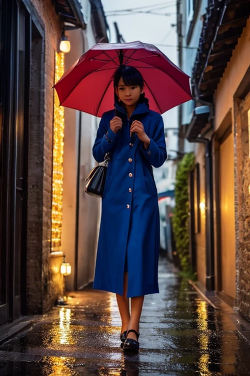 Rainy Night,Village Alley,Young woman holding an umbrella,cute,slim,cute的脸孔,High Detail, Composition, , Surrealism