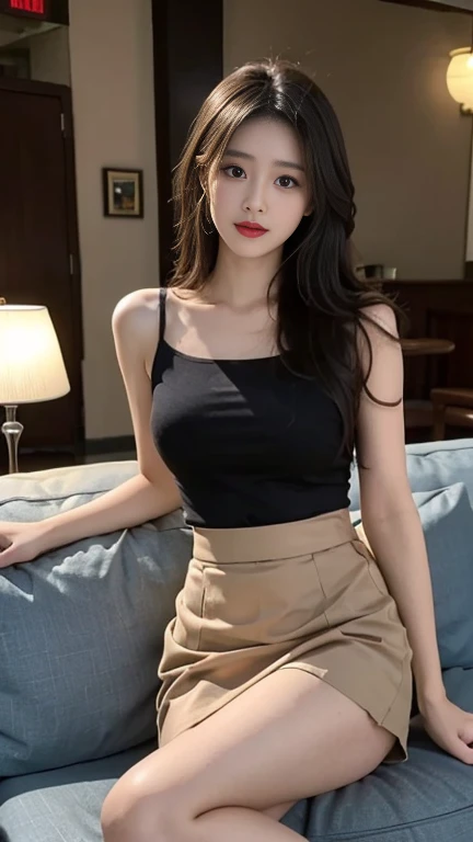 1 Girl,Lobby,sofa,Soft Light,Chinese Beauty,Tight Fit,Pleated Skirt,Dark-haired,long hair