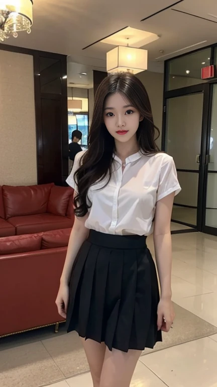 1 Girl,Lobby,sofa,Soft Light,Chinese Beauty,Tight Fit,Pleated Skirt,Dark-haired,long hair