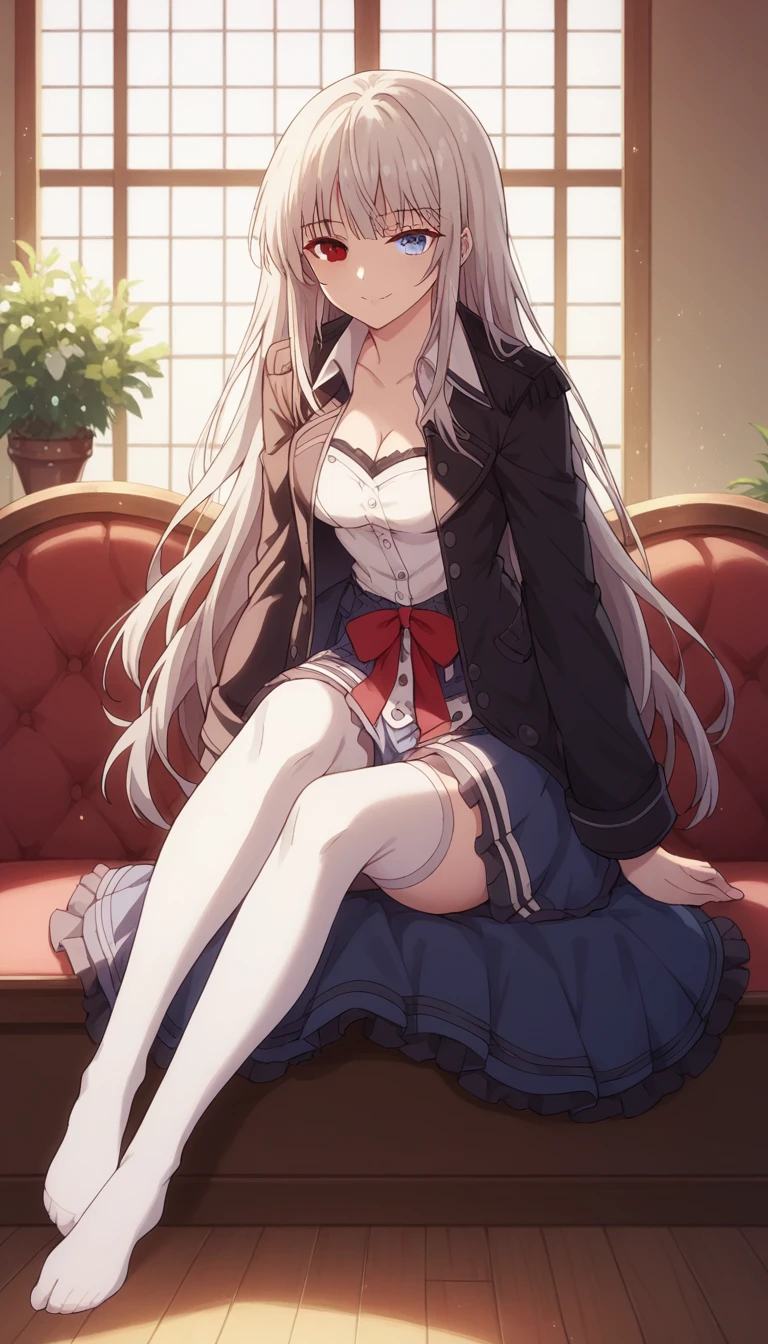 1girl, solo, full length, long hair, loose hair, medium breasts, looking at viewer, legs, hand, bangs, smile, heterochromia, red eyes, blue eyes, , sitting, arrogant smile, legs, stockings, cleavage, indoors, black jacket, white shirt, shirt under jacket, blue skirt, red ribbon, white stockings, best quality, detailed, 