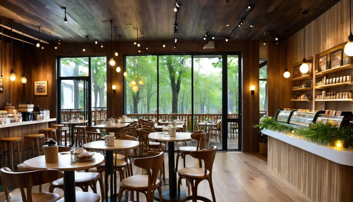 A small coffee shop nestled in a magical forest. The interior of the coffee shop is designed with warm wood tones and features an interior design that incorporates the beauty of nature. The floor is made of polished wooden planks and the walls are decorated with visible annual rings of wood. Large windows overlook the forest, and soft natural light brightens the interior. The restaurant is lined with handmade wooden tables and chairs, each decorated with colorful flowers. The counter is lined with aromatic coffee and herbal teas and beautifully displayed with handmade cakes and baked goods. The walls are decorated with paintings and photographs by local artists, creating a warm and inviting atmosphere. Soft, warm lamps are used for lighting, and at night the store is enveloped in a subtle glow, creating a relaxing atmosphere. Shelves are lined with books and magazines to help visitors relax. The overall atmosphere is cozy and inviting, giving visitors a sense of well-being and peace of mind. Otherworldly, other dimension, highly realistic, photorealistic, surrealistic, masterpiece, top quality, high resolution, 8K, 3D rendering, depth of field