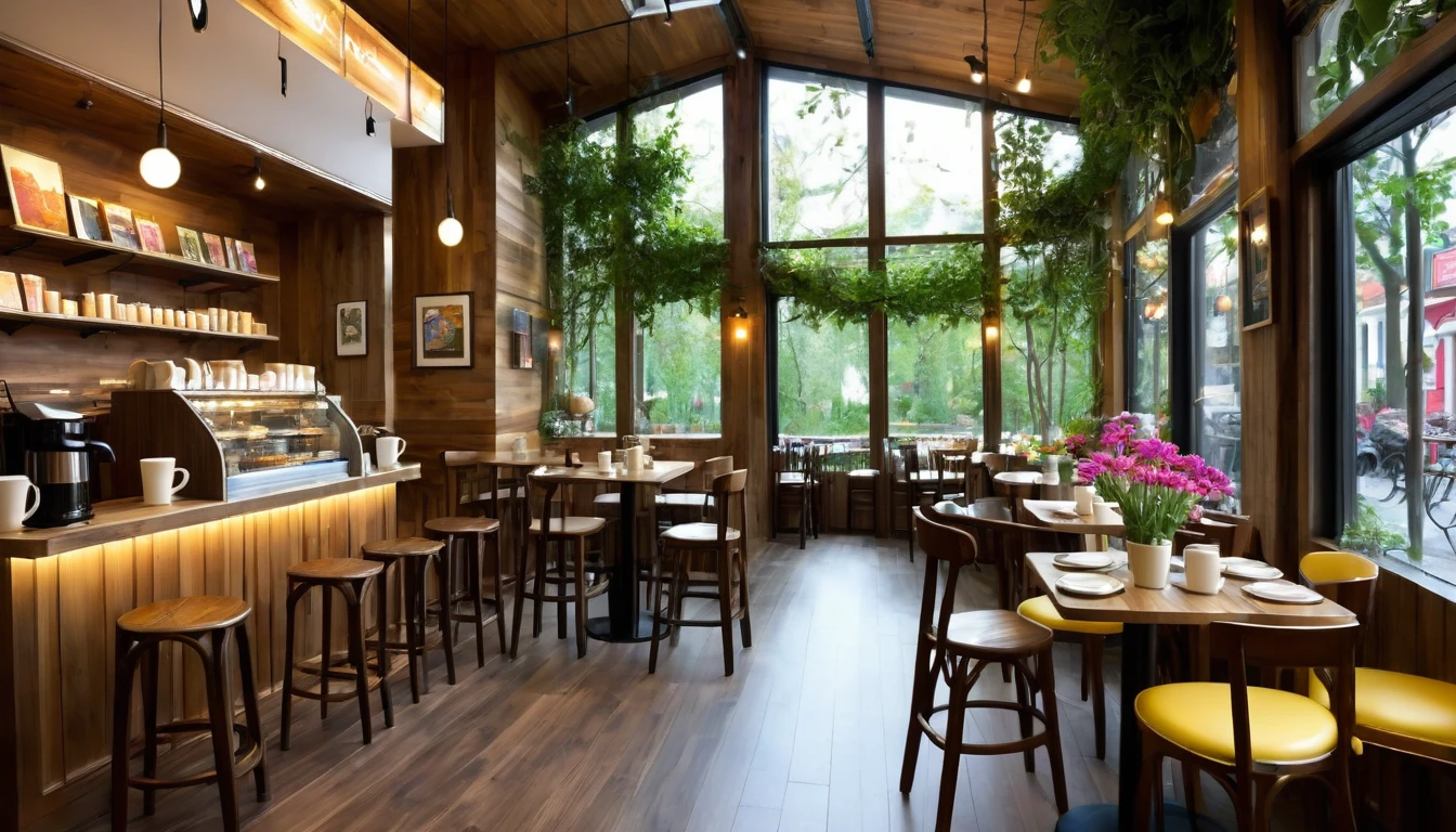 A small coffee shop nestled in a magical forest. The interior of the coffee shop is designed with warm wood tones and features an interior design that incorporates the beauty of nature. The floor is made of polished wooden planks and the walls are decorated with visible annual rings of wood. Large windows overlook the forest, and soft natural light brightens the interior. The restaurant is lined with handmade wooden tables and chairs, each decorated with colorful flowers. The counter is lined with aromatic coffee and herbal teas and beautifully displayed with handmade cakes and baked goods. The walls are decorated with paintings and photographs by local artists, creating a warm and inviting atmosphere. Soft, warm lamps are used for lighting, and at night the store is enveloped in a subtle glow, creating a relaxing atmosphere. Shelves are lined with books and magazines to help visitors relax. The overall atmosphere is cozy and inviting, giving visitors a sense of well-being and peace of mind. Otherworldly, other dimension, highly realistic, photorealistic, surrealistic, masterpiece, top quality, high resolution, 8K, 3D rendering, depth of field