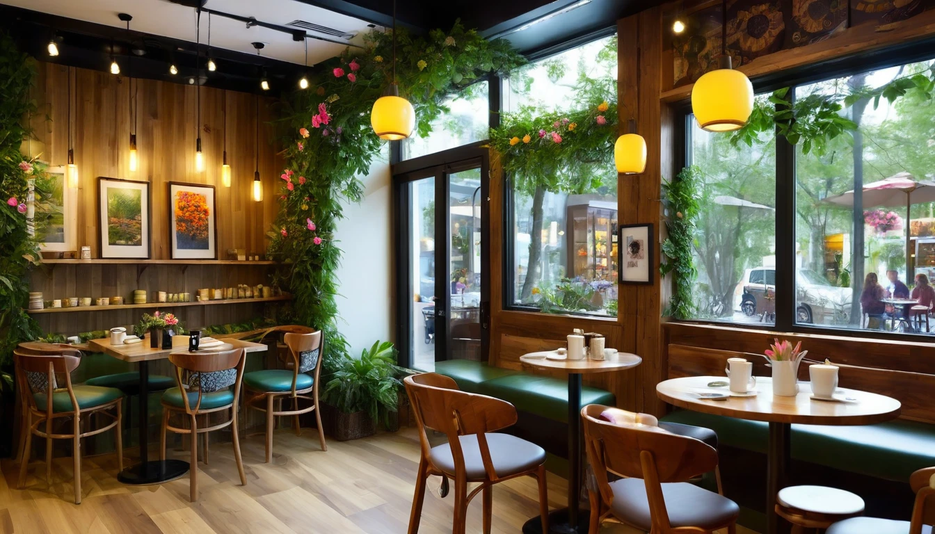 A small coffee shop nestled in a magical forest. The interior of the coffee shop is designed with warm wood tones and features an interior design that incorporates the beauty of nature. The floor is made of polished wooden planks and the walls are decorated with visible annual rings of wood. Large windows overlook the forest, and soft natural light brightens the interior. The restaurant is lined with handmade wooden tables and chairs, each decorated with colorful flowers. The counter is lined with aromatic coffee and herbal teas and beautifully displayed with handmade cakes and baked goods. The walls are decorated with paintings and photographs by local artists, creating a warm and inviting atmosphere. Soft, warm lamps are used for lighting, and at night the store is enveloped in a subtle glow, creating a relaxing atmosphere. Shelves are lined with books and magazines to help visitors relax. The overall atmosphere is cozy and inviting, giving visitors a sense of well-being and peace of mind. Otherworldly, other dimension, highly realistic, photorealistic, surrealistic, masterpiece, top quality, high resolution, 8K, 3D rendering, depth of field