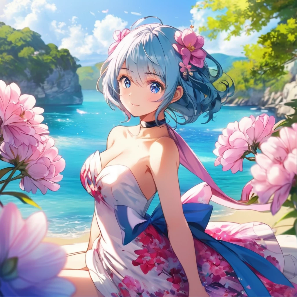Anime girl with blue hair and pink dress sitting on the beach, Official Artwork, Anime Style 4k, macross delta splash art, I deny that, Official Anime Artwork, artstation pixivでトレンド, Anime Moe Art Style, Official Art, Wallpaper Anime Blue Water, guweiz on pixiv artstation, Top rated on pixiv