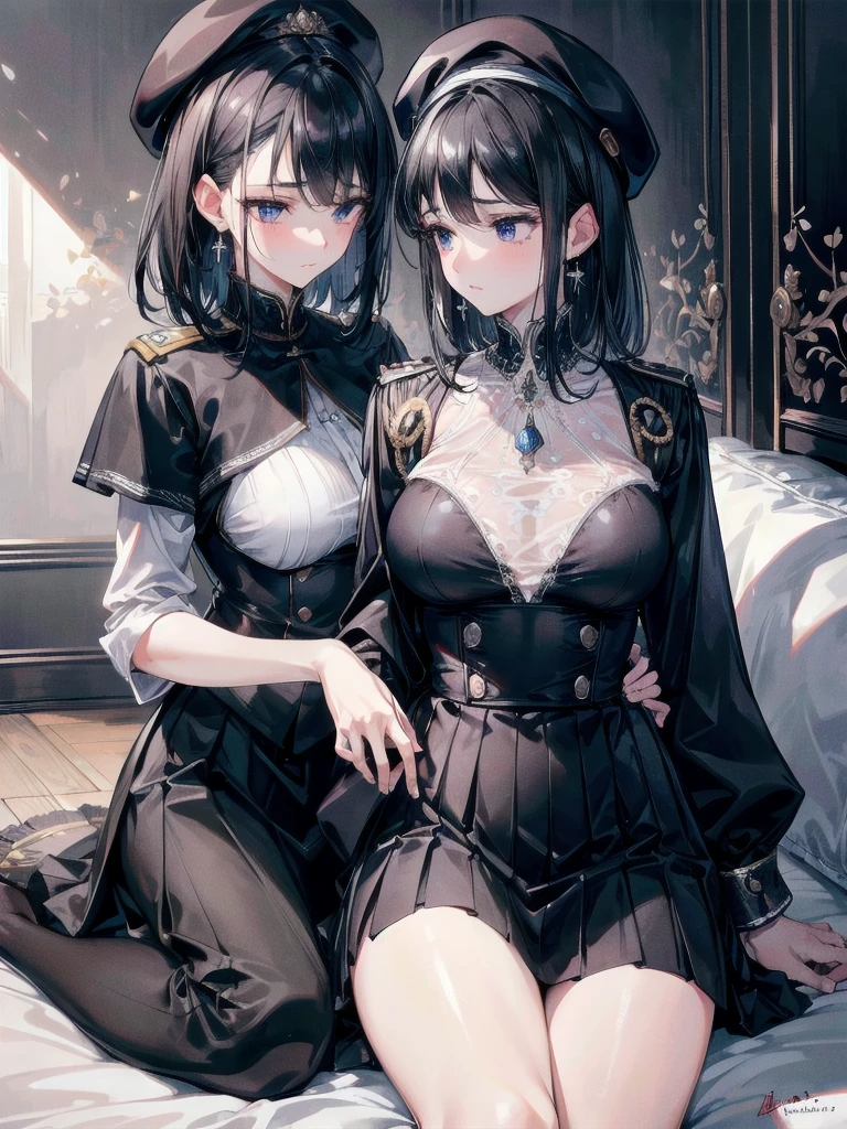 absurdres, RAW photo, extremely delicate and beautiful, masterpiece, Best Quality, ultra high resolution, 32k, hyperrealistic, ultra-detailed, delicate facial features, beautiful detailed woman, tearful mole, earring, medium breasts, full body shot, medium hair, black hair, asymmetrical hair, 2 girls, yuri, beret, skirt, military uniform,