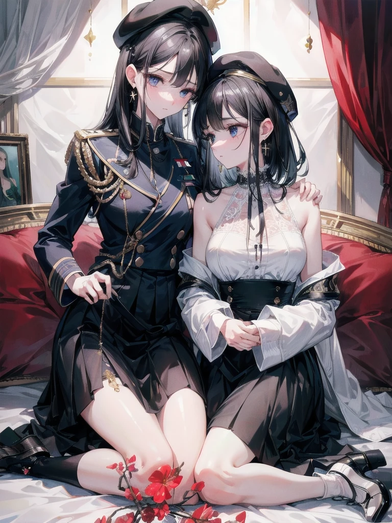 absurdres, RAW photo, extremely delicate and beautiful, masterpiece, Best Quality, ultra high resolution, 32k, hyperrealistic, ultra-detailed, delicate facial features, beautiful detailed woman, tearful mole, earring, medium breasts, full body shot, medium hair, black hair, asymmetrical hair, 2 girls, yuri, beret, skirt, military uniform,