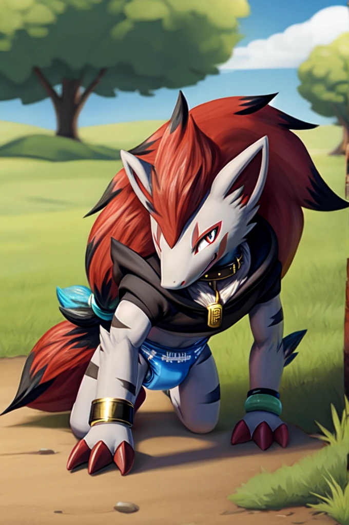  A dark purple femboy zoroark wearing a black sweatshirt and a blue diaper and white socks with black stripes and a gold colored dog collar on his neck and with bracelets on his arms and crawling 