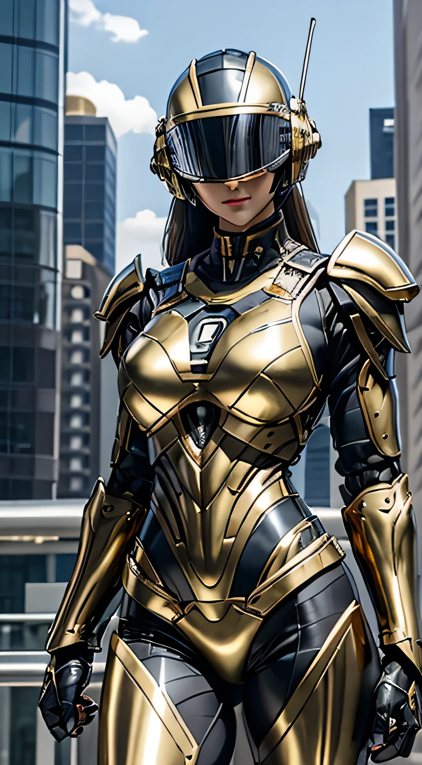 Female Robocop Solo、Bright outdoors、strong light source、8K, high quality, masterpiece, 最high quality, Crisp contrast、Very detailed、Full body armor、Very large armor、Helmet covering the head、Clear photos、His eyes are hidden by thin straight goggles:1.3、The lower half of the face is raw々Shii:1.5、The lower half of the face is exposed、Seductive lips、Black metallic armor、Gold accents、Armor that completely covers the chest、Long, slender legs、Vibrant Posselo Body View,Big and ample breasts:1.5, (Sports Body:1.5)、Five Fingers、Hold a handgun、In the city