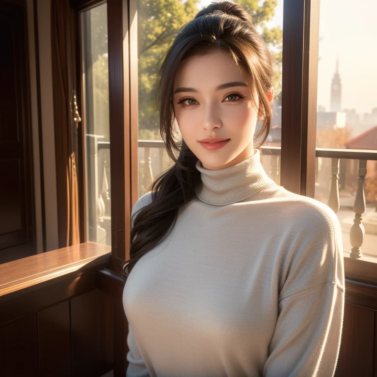 a beautiful young woman in a casual outfit, ponytail, lady bikers, detailed face, alluring eyes, full lips, large bust, turtle neck t-shirt, leather jacket, outdoor date setting, soft lighting, warm colors, (best quality,4k,8k,highres,masterpiece:1.2),ultra-detailed,(realistic,photorealistic,photo-realistic:1.37),cinematic,beautiful detailed eyes,beautiful detailed lips,extremely detailed face and eyes,long eyelashes,intricate clothing textures,elegant posing,warm smile,romantic atmosphere
