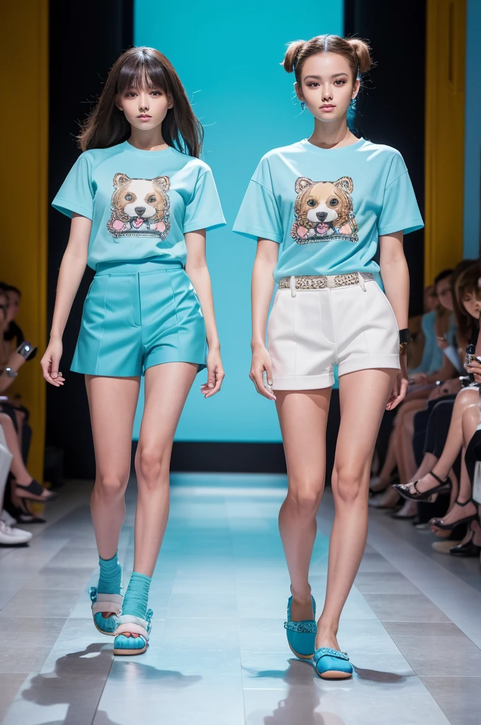 Fashion runway photos,anthropomorphic mini dog wearing Versace's short sleeved t-shirt, shorts, and slippers,cute,cub,high-end design style, Paris Fashion Show,Macaron light blue series,Perfect color matching,high-end feel,Long Shot,Full body,Dynamic capture of runway shows,16K